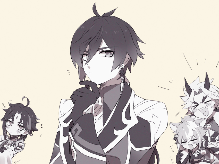 >_<, 4boys, ahoge, animal_ears, arataki_itto, bangs, bead_necklace, beads