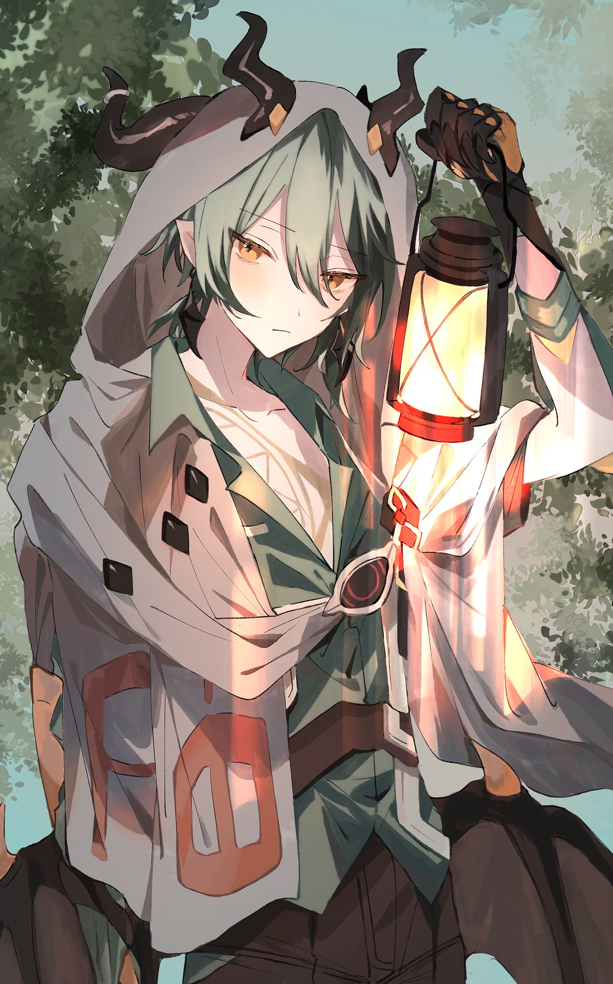 1boy, bangs, blue_sky, closed_mouth, collared_shirt, eve_(meltdown), green_eyes, green_shirt