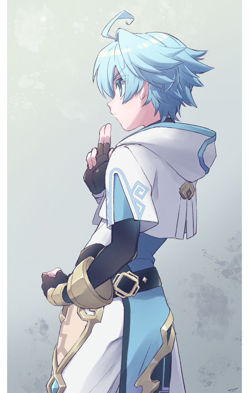 1boy, ahoge, aqua_eyes, aqua_hair, bangs, black_bodysuit, black_gloves, bodysuit