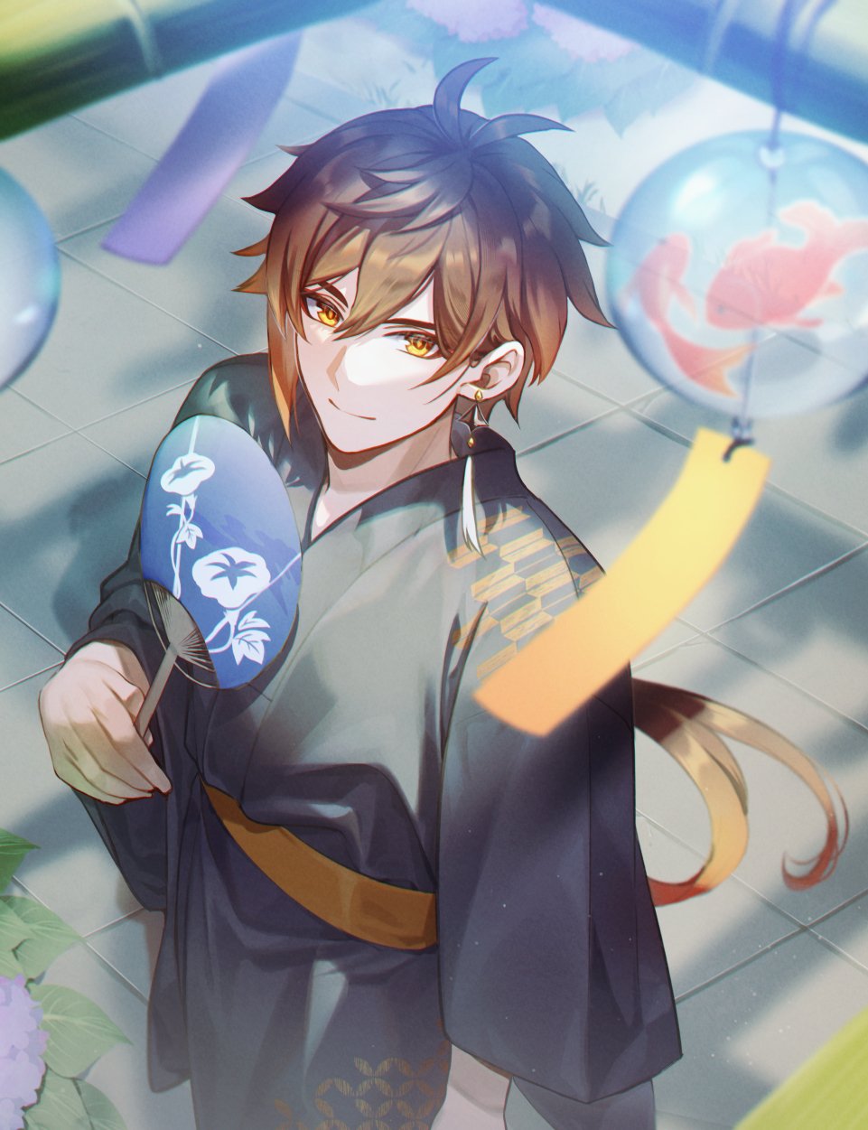 1boy, alternate_costume, brown_hair, closed_mouth, day, earrings, flower, genshin_impact
