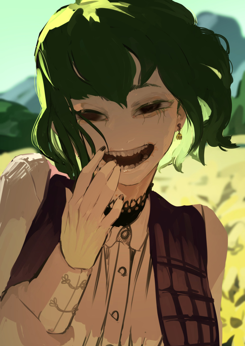 1girl, absurdres, checkered_clothes, checkered_jacket, collared_shirt, finger_in_own_mouth, green_hair, highres, hotoke_party, jacket, kazami_yuuka, long_sleeves, looking_at_viewer, outdoors, sharp_hair, shirt, smile, solo, touhou, white_shirt