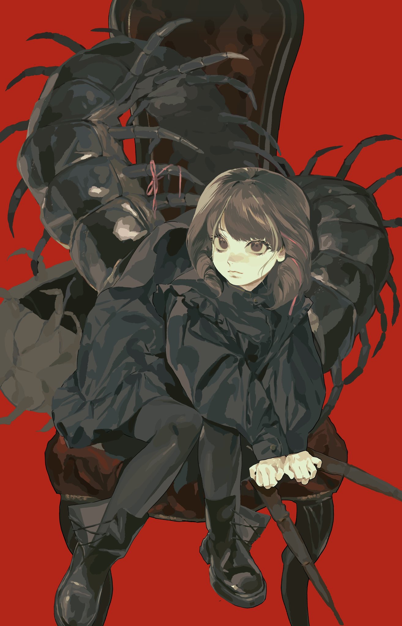 1girl, arthropod_girl, arthropod_limbs, black_dress, black_footwear, black_legwear, brown_eyes, brown_hair