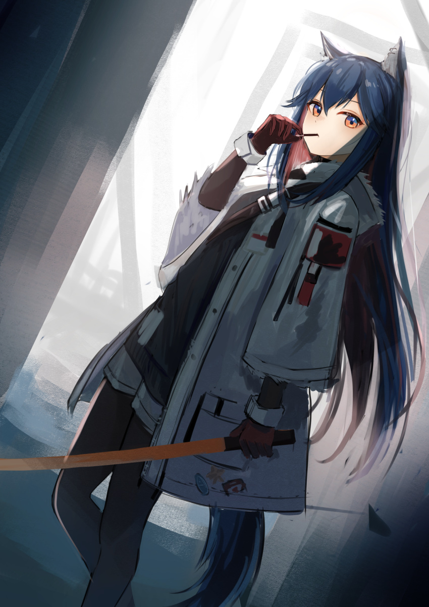 1girl, animal_ear_fluff, animal_ears, arknights, azuazu_0405, backlighting, bangs, black_hair