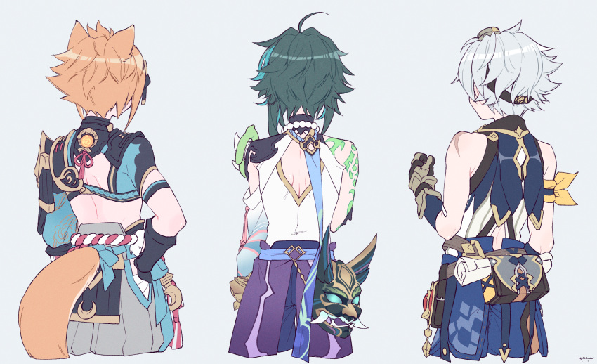 3boys, ahoge, animal_ears, aqua_hair, arm_tattoo, armor, back_cutout, bag, bead_necklace, beads, bennett_(genshin_impact), black_gloves, black_hair, clenched_hand, clothing_cutout, cropped_legs, crossed_arms, dog_boy, dog_ears, dog_tail, from_behind, genshin_impact, gloves, goggles, goggles_on_head, gorou_(genshin_impact), grey_background, grey_hair, hair_ornament, hand_on_hip, highres, homare_(g_hmr88), japanese_armor, japanese_clothes, jewelry, male_focus, mask, multicolored_hair, multiple_boys, necklace, orange_hair, scar, scar_on_arm, signature, simple_background, tail, tassel, tattoo, vision_(genshin_impact), xiao_(genshin_impact)