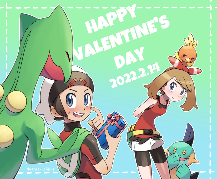 1boy, 1girl, absurdres, blue_eyes, blush, bow, box, brendan_(pokemon)