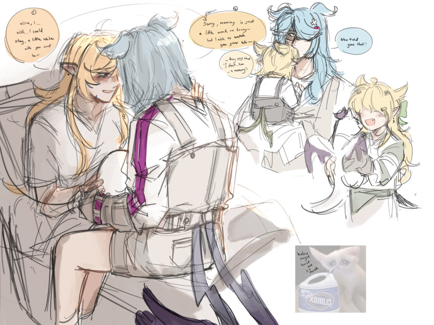 2girls, 3others, bangs, bed, blonde_hair, blue_eyes, blue_hair, blue_wings