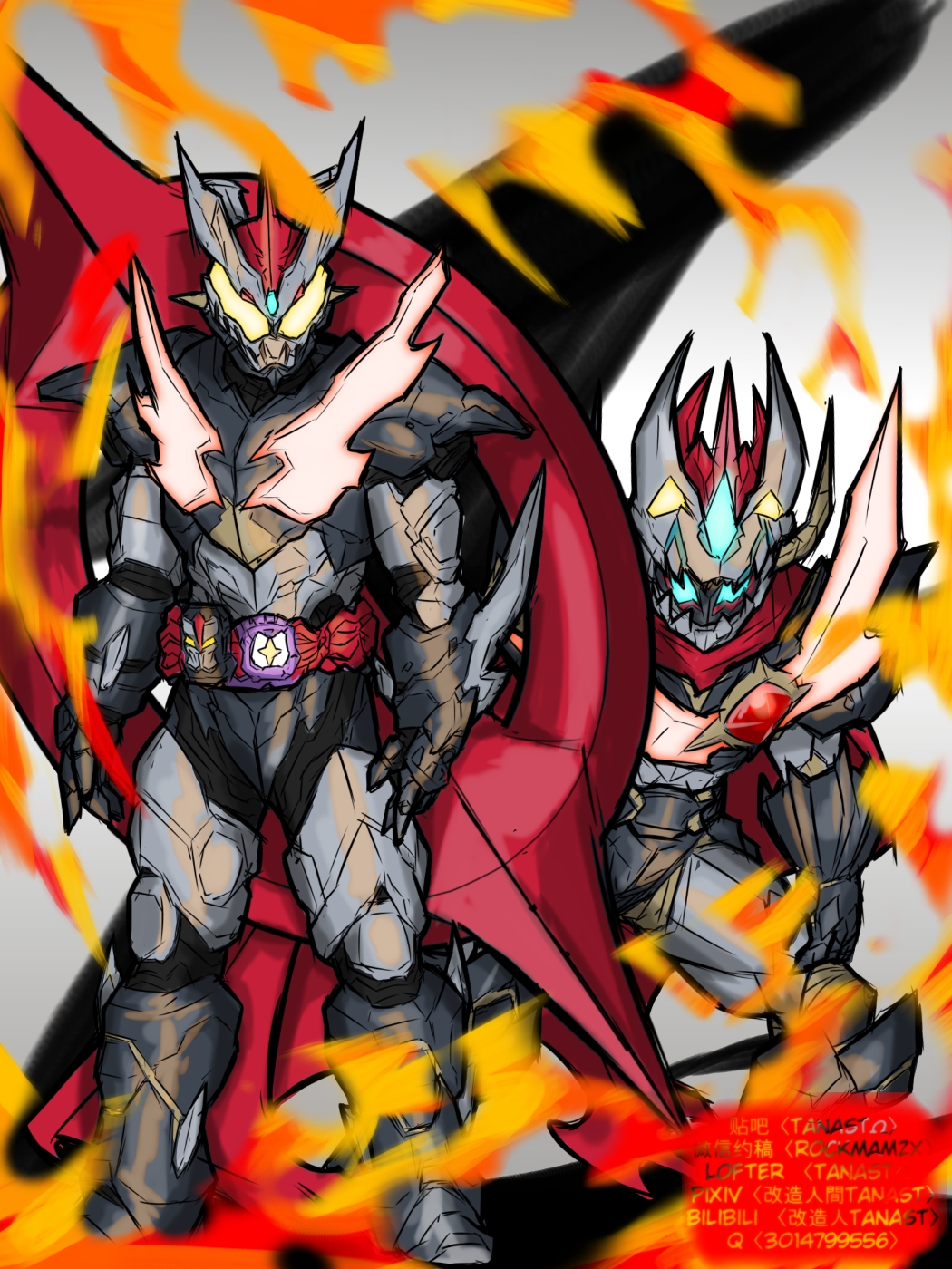 2boys, adapted_costume, armor, armored_boots, armored_gloves, black_armor, black_gloves, boots
