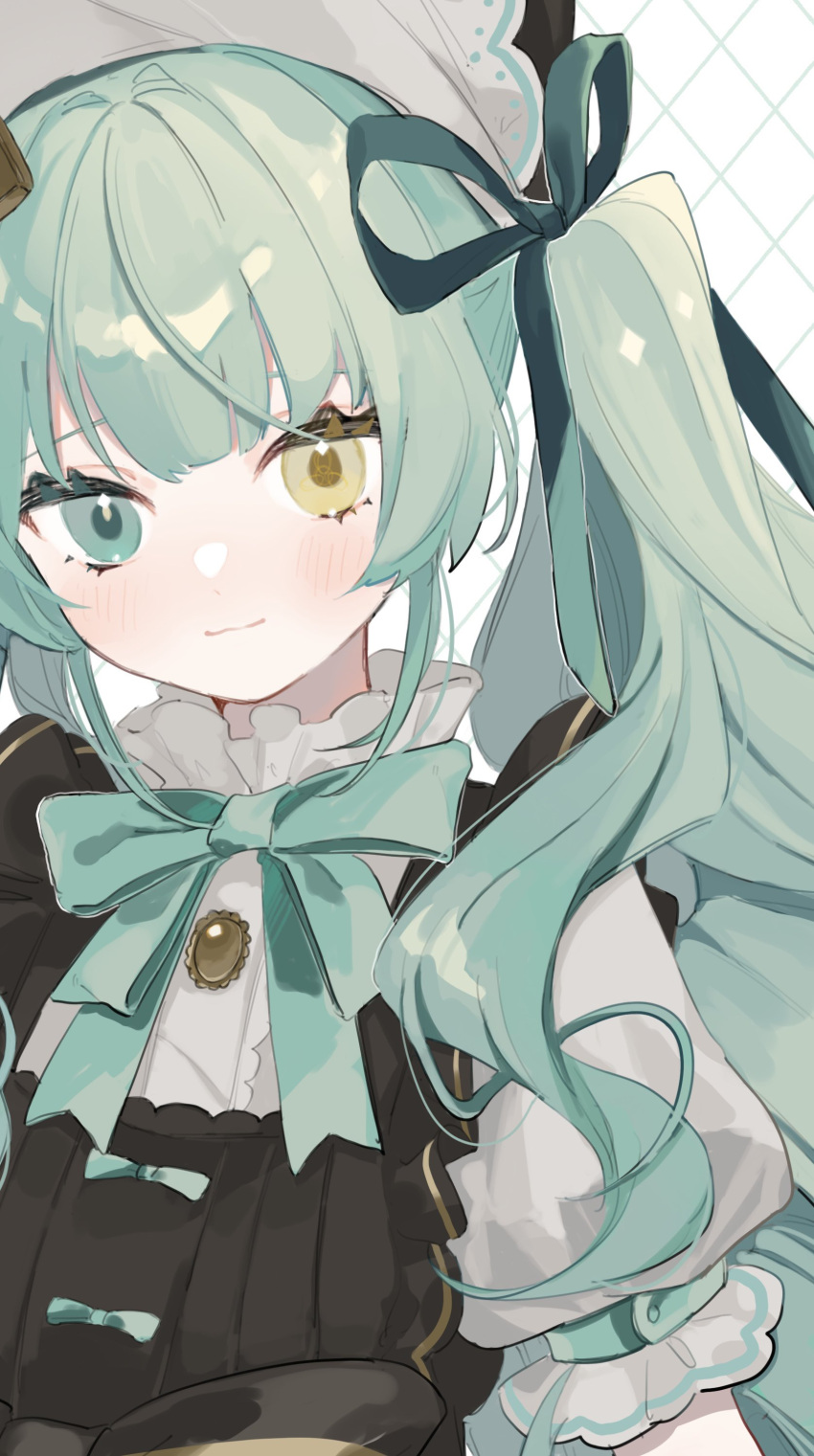 1girl, absurdres, blush, bow, closed_mouth, eyelashes, frills, green_bow