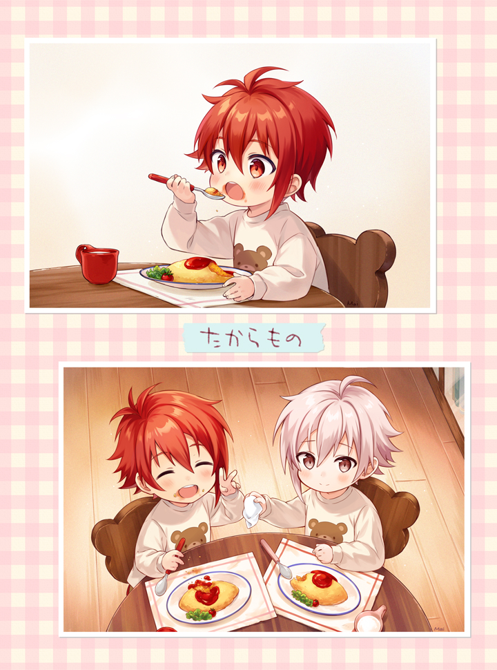 2boys, brown_eyes, chair, child, eating, food, glass, idolish_7