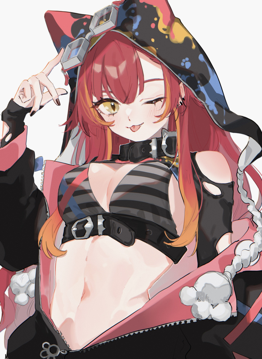 1girl, absurdres, animal_ear_headwear, bare_shoulders, black_collar, black_jacket, black_nails, closed_mouth