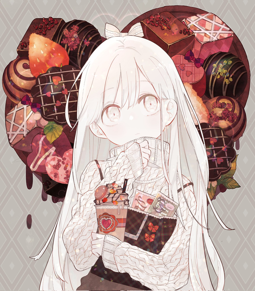 1girl, bangs, bow, brown_skirt, candy, chocolate, chocolate_bar, chocolate_drip