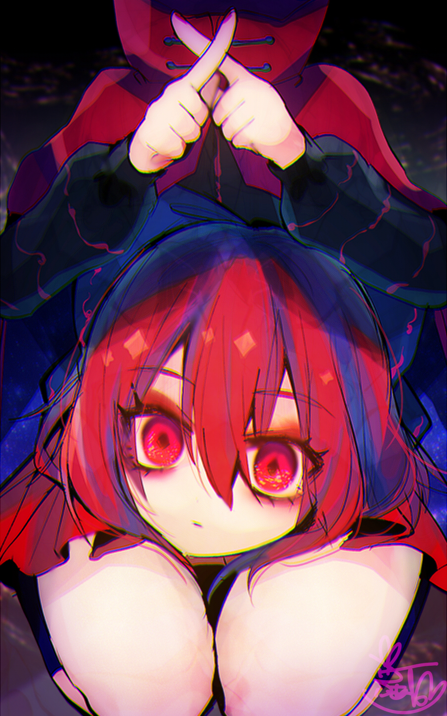 1girl, blue_bow, bow, capelet, disembodied_head, fua_yuu, hair_bow, highres