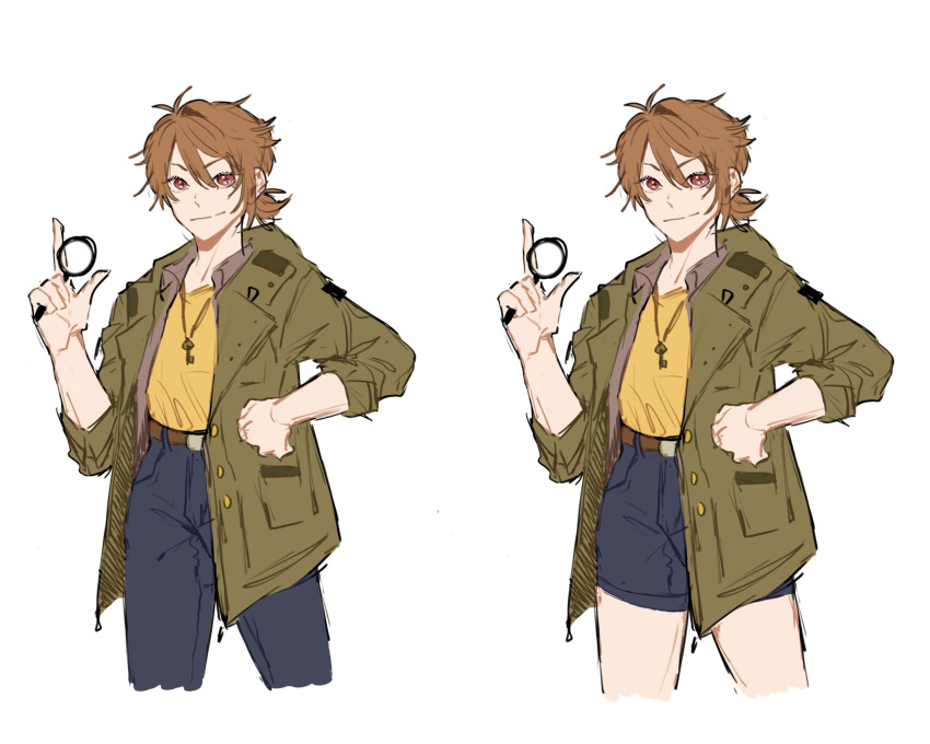 1girl, antenna_hair, belt, black_pants, black_shorts, breasts, brown_belt, brown_coat