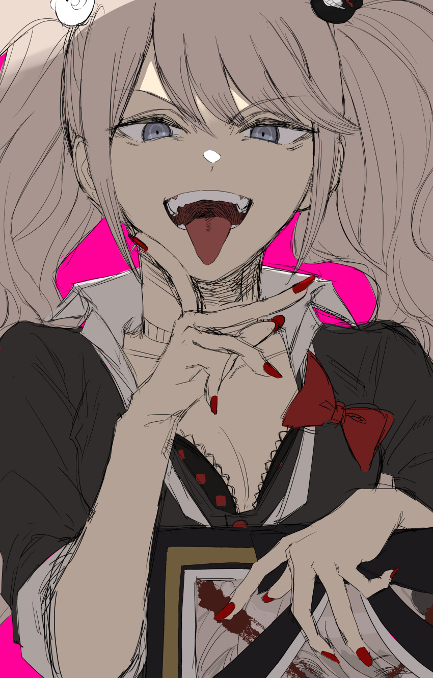 1girl, absurdres, bangs, black_bra, black_shirt, blonde_hair, blue_eyes, bow