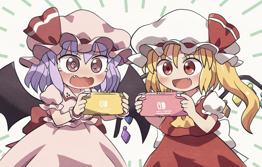 2girls, :d, @_@, ascot, bat_wings, blonde_hair, controller, crystal