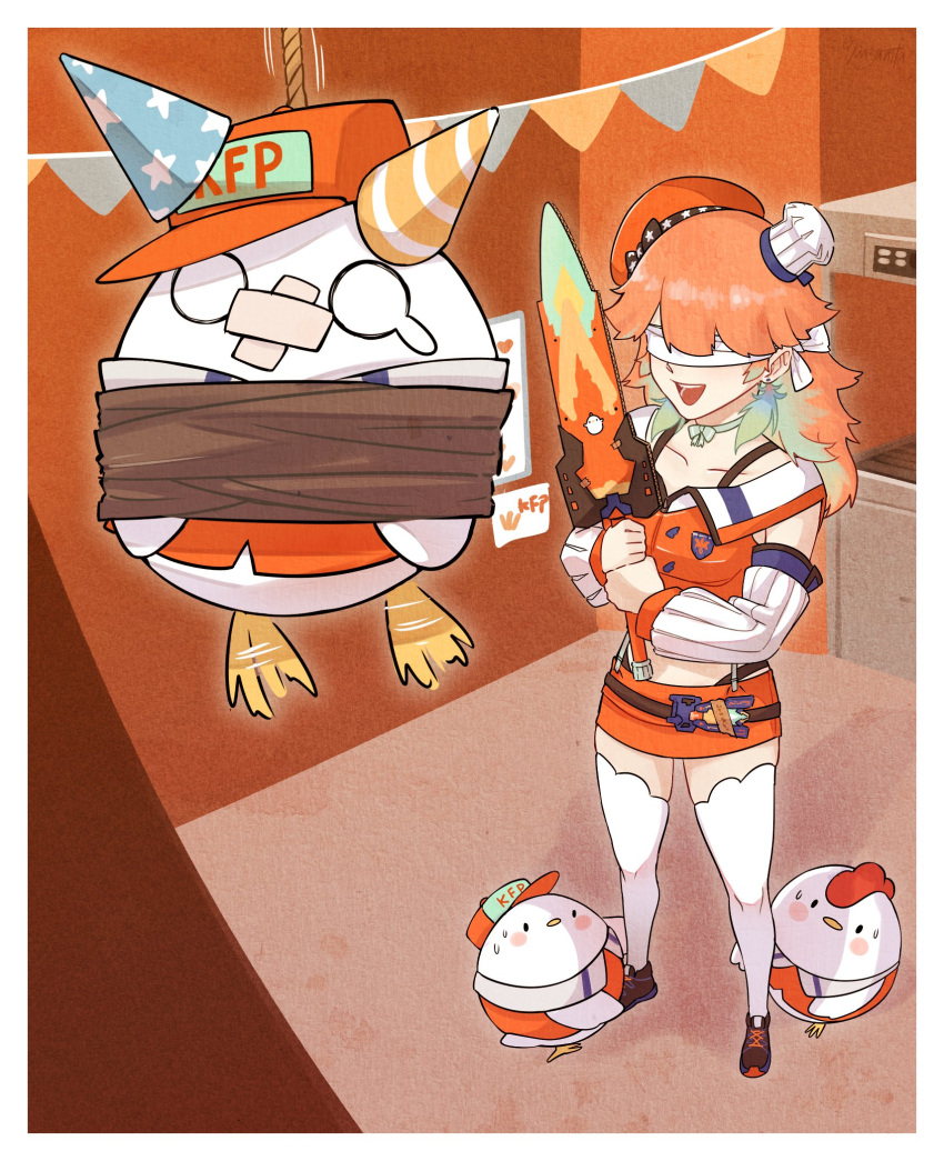 1girl, bird, blindfold, bound, bow_choker, chef_hat, chicken, crmanzana, earrings, feather_earrings, feathers, gradient_hair, hat, highres, hololive, hololive_english, jewelry, multicolored_hair, multiple_hats, orange_hair, party_hat, sweatdrop, takanashi_kiara, thigh-highs, tied_up_(nonsexual), virtual_youtuber, white_thighhighs