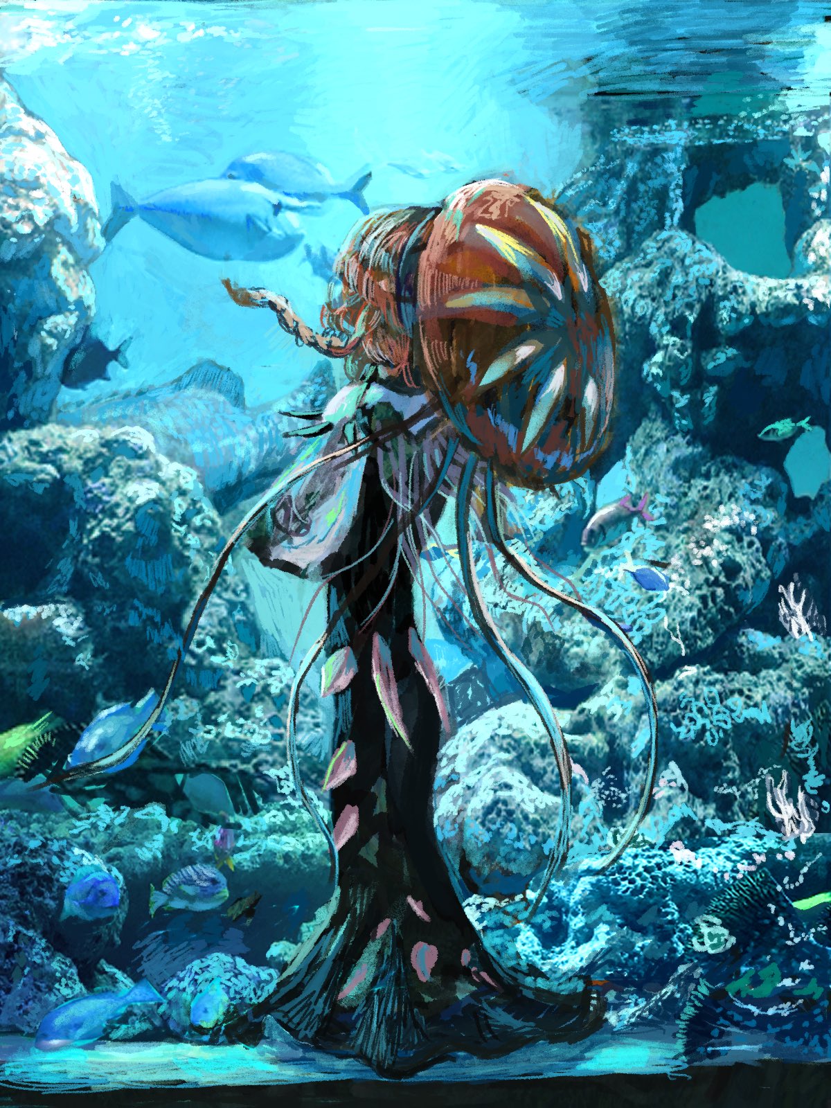 1girl, braid, brown_hair, coral, coral_reef, dress, fate/grand_order, fate_(series)