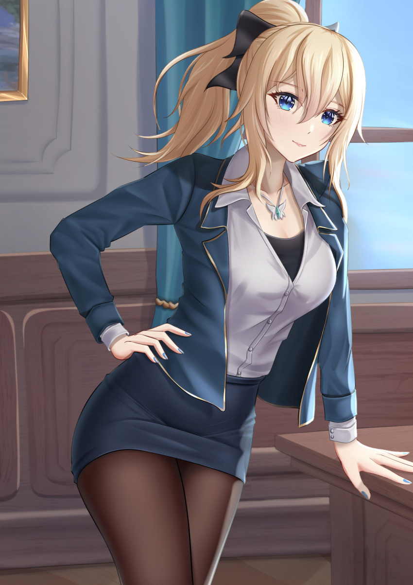 1girl, alternate_costume, arm_support, bangs, black_bow, blonde_hair, blue_eyes, blue_jacket