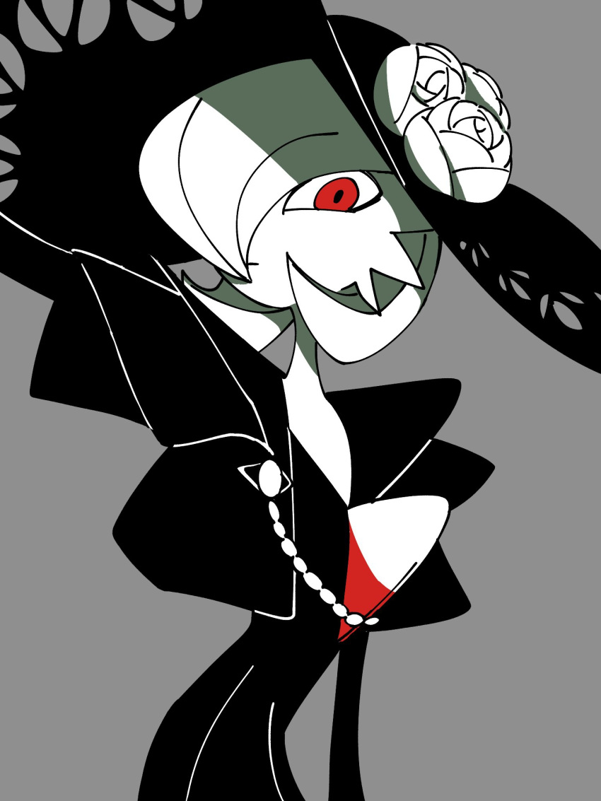 1girl, 4shiki, alternate_costume, arm_up, bangs, bob_cut, closed_mouth, clothing_cutout, cogita_(pokemon), cogita_(pokemon)_(cosplay), commentary_request, cosplay, dress, flat_chest, flower, gardevoir, grey_background, greyscale, hair_over_one_eye, hat, hat_flower, highres, long_sleeves, looking_at_viewer, monochrome, one_eye_covered, partial_commentary, pokemon, pokemon_(creature), pokemon_(game), pokemon_legends:_arceus, red_eyes, short_hair, simple_background, sketch, solo, spot_color, sun_hat, upper_body