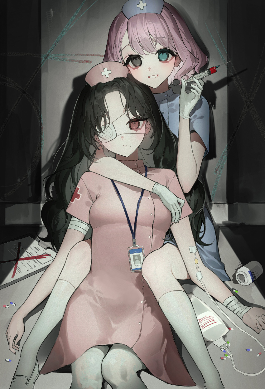 2girls, absurdres, aqua_eyes, bamme_o3o, bandaged_arm, bandages, black_eyes, black_hair