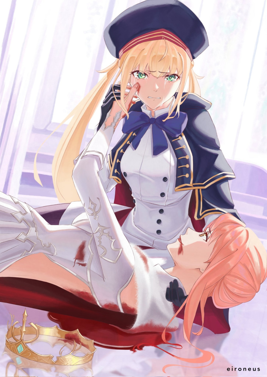 2girls, artoria_caster_(fate), artoria_caster_(second_ascension)_(fate), artoria_pendragon_(fate), bangs, beret, blonde_hair, blood