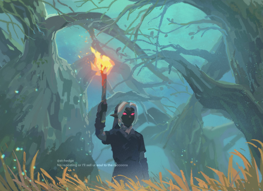 1boy, bangs, black_gloves, black_shirt, black_skirt, dark_link, fork, gloves