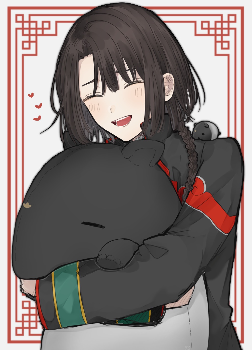 :d, animal, bangs, black_hair, black_jacket, blush, braid, closed_eyes