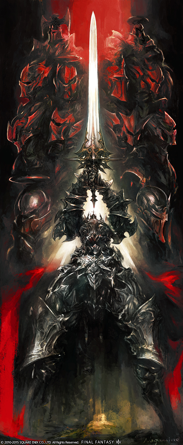 6+boys, armor, arms_up, breastplate, copyright, copyright_name, covered_face, fantasy, final_fantasy, final_fantasy_xiv, from_below, full_armor, gauntlets, greaves, helm, helmet, highres, holding, holding_sword, holding_weapon, king_thordan, legs_apart, male_focus, multiple_boys, nagamine_hiroyuki, official_art, realistic, signature, spotlight, standing, sword, visor_(armor), weapon