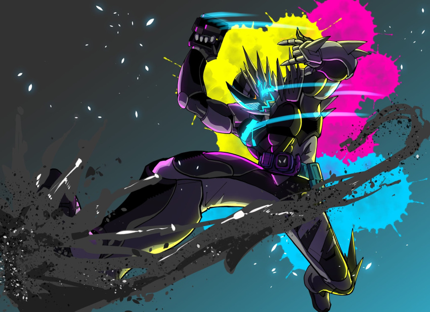 1boy, \m/, amakawa_mayu, armor, asymmetrical_armor, black_armor, black_background, black_scarf