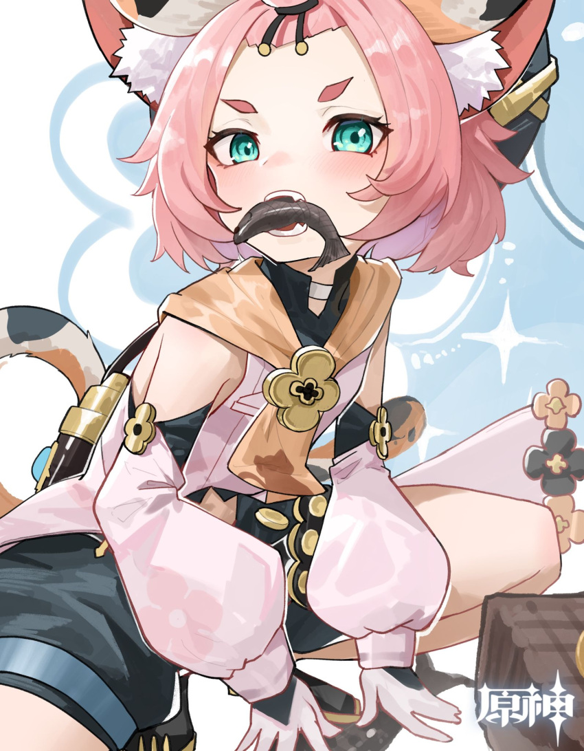 1girl, animal_ears, bangs_pinned_back, belt, black_shorts, cat_ears, cat_girl, cat_tail