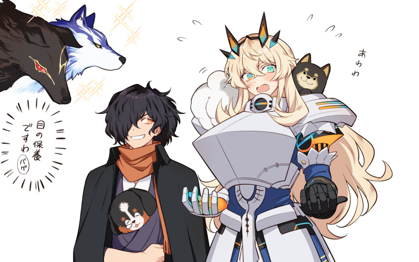 1boy, 1girl, 7dango7, animal, animal_in_clothes, animal_on_shoulder, armor, asymmetrical_gloves
