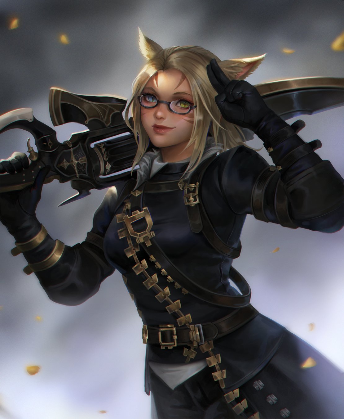 1girl, animal_ears, avatar_(ff14), belt, black_gloves, blonde_hair, blue_eyes, breasts, cat_ears, commission, cowboy_shot, facial_mark, final_fantasy, final_fantasy_xiv, fur_collar, glasses, gloves, gunblade, gunbreaker_(final_fantasy), heterochromia, highres, lianeige, lips, looking_at_viewer, medium_breasts, medium_hair, miqo'te, petals, semi-rimless_eyewear, simple_background, slit_pupils, solo, under-rim_eyewear, weapon, whisker_markings, yellow_eyes