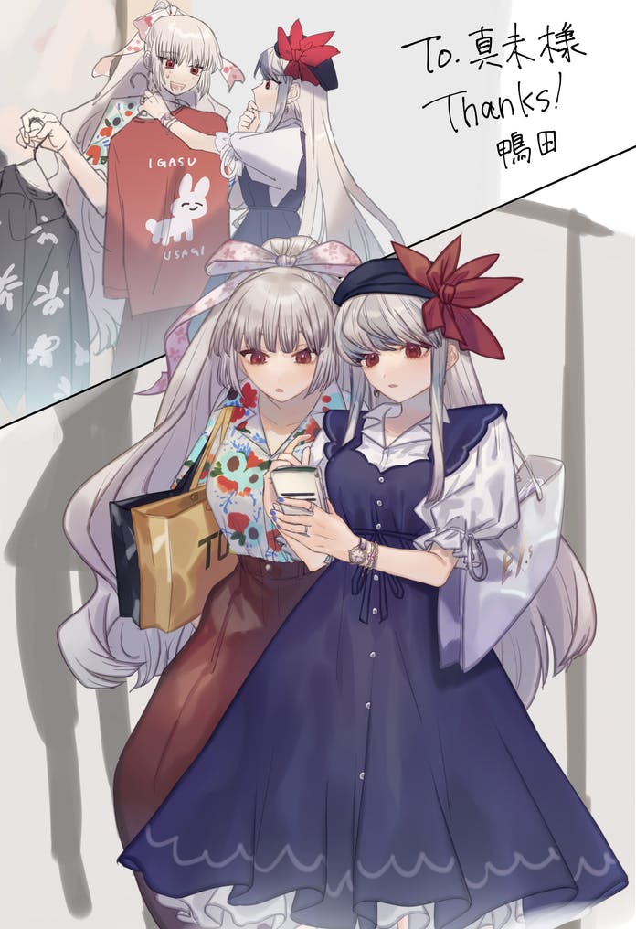 2girls, adapted_costume, bag, baggy_pants, bangs, beret, black_shirt, blue_dress