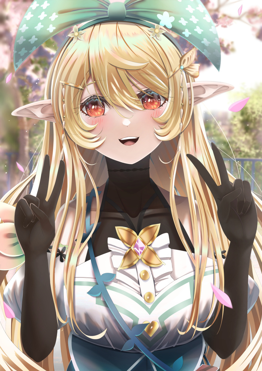 1girl, :d, bangs, bare_shoulders, black_gloves, blonde_hair, bloodyblack, blurry