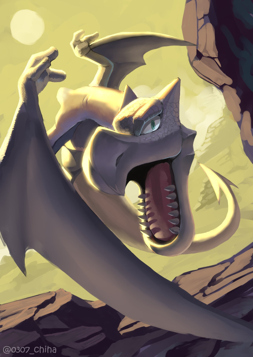 absurdres, aerodactyl, blue_eyes, chiha_bobobo, clouds, highres, looking_at_viewer, monster