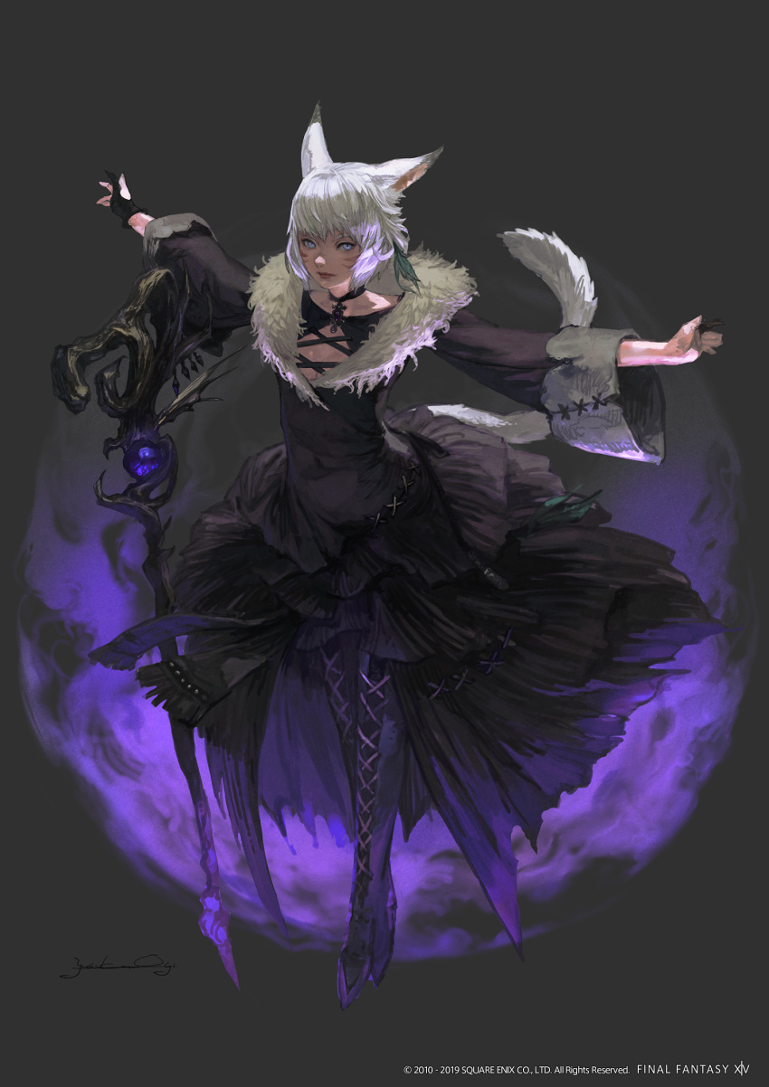 1girl, animal_ears, bangs, black_choker, black_dress, black_footwear, black_gloves, blue_eyes, boots, cat_ears, cat_girl, cat_tail, choker, claw_ring, copyright, copyright_name, cross-laced_footwear, dress, facial_mark, feather_hair_ornament, feathers, final_fantasy, final_fantasy_xiv, fingerless_gloves, fire, floating, floating_object, floating_weapon, from_side, full_body, fur-trimmed_dress, fur_trim, gloves, grey_background, hair_ornament, highres, lace-up_boots, layered_dress, long_sleeves, looking_at_viewer, miqo'te, mogi_yuusuke, official_art, outstretched_arms, pendant_choker, purple_fire, short_hair, signature, simple_background, single_fingerless_glove, solo, spread_arms, staff, standing, tail, thigh_boots, tiptoes, v-shaped_eyebrows, white_hair, wide_sleeves, y'shtola_rhul
