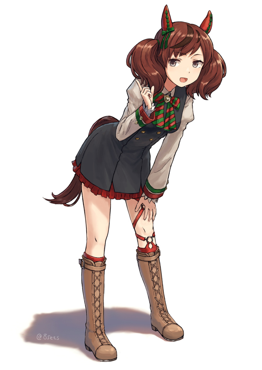 1girl, 8sets, :d, animal_ears, artist_name, bangs, boots, bow, bowtie, brown_eyes, brown_hair, dress, full_body, hand_on_own_knee, highres, horse_ears, horse_girl, horse_tail, knee_boots, leaning_forward, long_sleeves, looking_at_viewer, medium_hair, multicolored_hair, nice_nature_(umamusume), open_mouth, pinafore_dress, red_footwear, shadow, shirt, simple_background, smile, solo, standing, streaked_hair, striped, striped_bow, striped_bowtie, tail, twintails, twitter_username, umamusume, watermark, white_background, white_shirt
