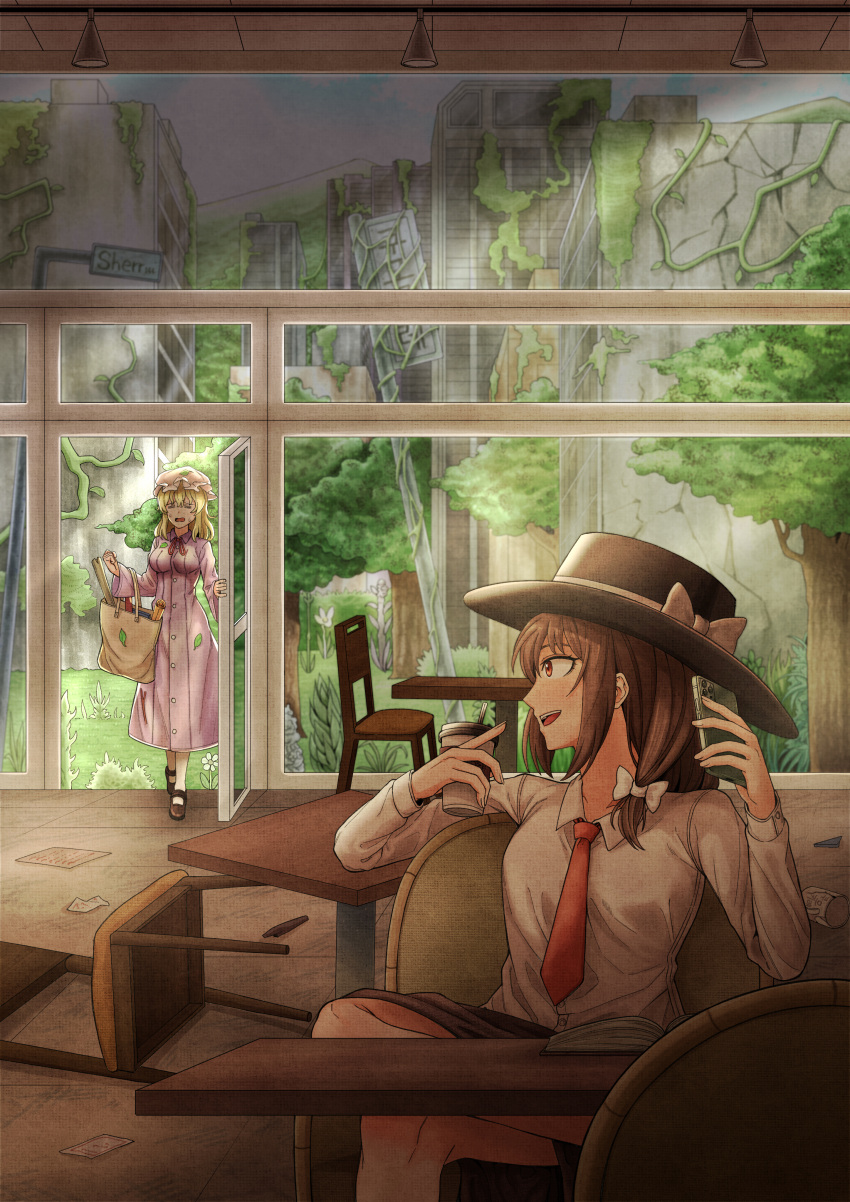 2girls, absurdres, bag, black_skirt, blonde_hair, breasts, brown_hair, building