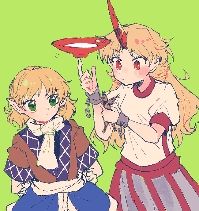 2girls, alcohol, arm_up, arms_behind_back, balancing, bangs, blonde_hair, chain