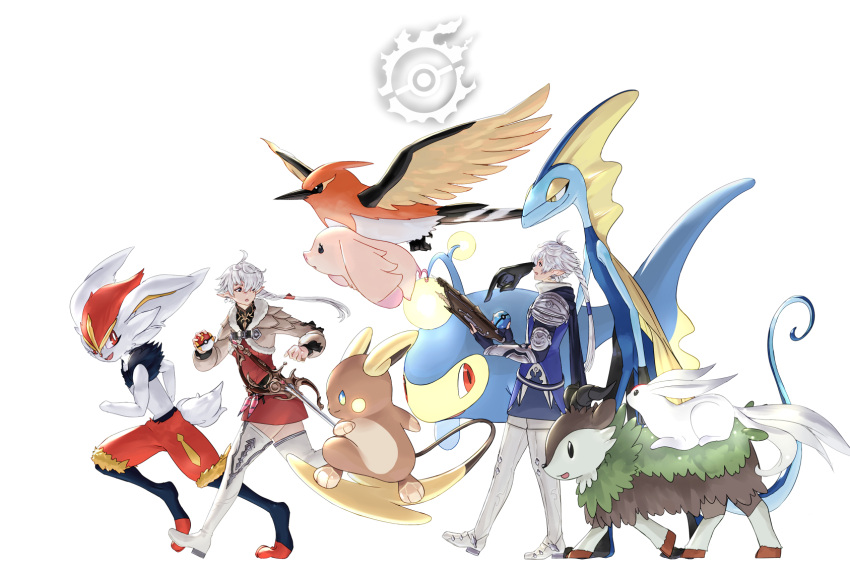 1boy, 1girl, :o, ahoge, alisaie_leveilleur, alolan_raichu, alphinaud_leveilleur, arcanist_(final_fantasy)