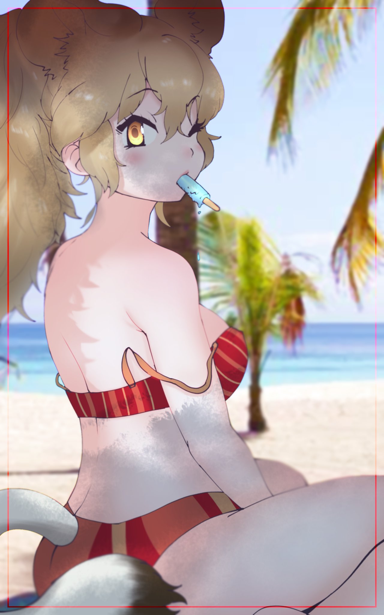1girl, animal_ear_fluff, animal_ears, beach, bikini, blonde_hair, breasts, cats_yone