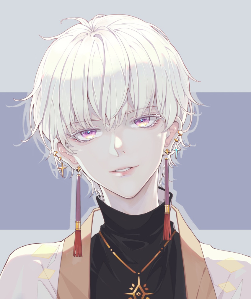 1boy, bishounen, cross, cross_earrings, ear_piercing, earrings, grateful_shell_collector, head_tilt, highres, jewelry, light_smile, looking_at_viewer, male_focus, piercing, pink_eyes, short_hair, shota, siqingshou879, sky:_children_of_the_light, solo, tassel, tassel_earrings
