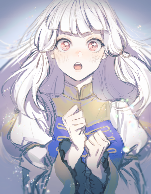 1girl, bangs, black_t_t, blush, closed_mouth, dress, fire_emblem, fire_emblem:_three_houses, fire_emblem_warriors:_three_hopes, hair_ornament, long_hair, long_sleeves, looking_at_viewer, lysithea_von_ordelia, official_alternate_costume, official_alternate_hairstyle, open_mouth, pink_eyes, simple_background, solo, upper_body, white_hair