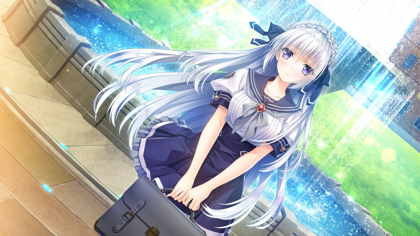 1girl, bag, bangs, black_bow, black_sailor_collar, blue_skirt, bow, bowtie