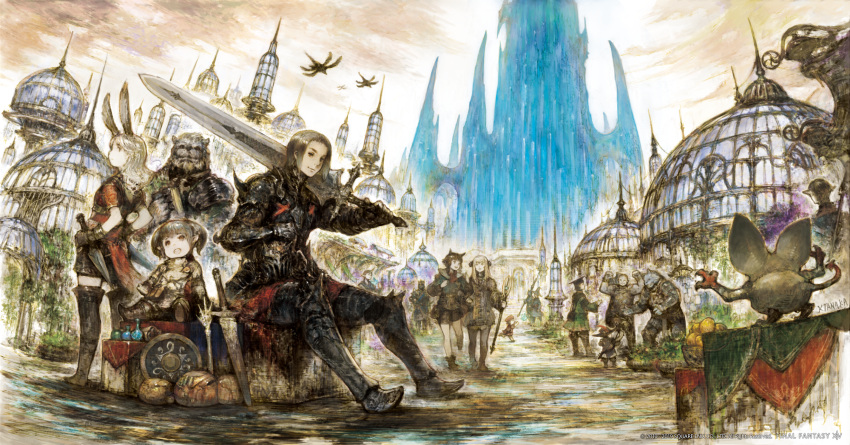 6+boys, 6+girls, animal_ears, armor, au_ra, avatar_(ff14), bag, basket, black_footwear, black_shorts, blonde_hair, boots, bottle, box, breastplate, breasts, brown_eyes, brown_footwear, brown_hair, cat_ears, city, cityscape, clouds, copyright, copyright_name, crate, creature, dagger, dark_knight_(final_fantasy), day, dome, elezen, elf, final_fantasy, final_fantasy_xiv, furry, furry_male, gauntlets, greatsword, greaves, gremlin, hands_on_hips, hatching_(texture), highres, holding, holding_staff, holding_sword, holding_weapon, hrothgar, hyur, in-universe_location, jacket, kenta_tanaka, knife, lalafell, long_hair, medium_breasts, miqo'te, multiple_boys, multiple_girls, official_art, open_mouth, outdoors, over_shoulder, pauldrons, people, plant, pointy_ears, potted_plant, red_jacket, satchel, scenery, shield, short_hair, short_twintails, shorts, shoulder_armor, signature, sitting, sky, smile, spiked_armor, spikes, staff, standing, sword, thigh_boots, tower, twintails, viera, walking, weapon, weapon_over_shoulder