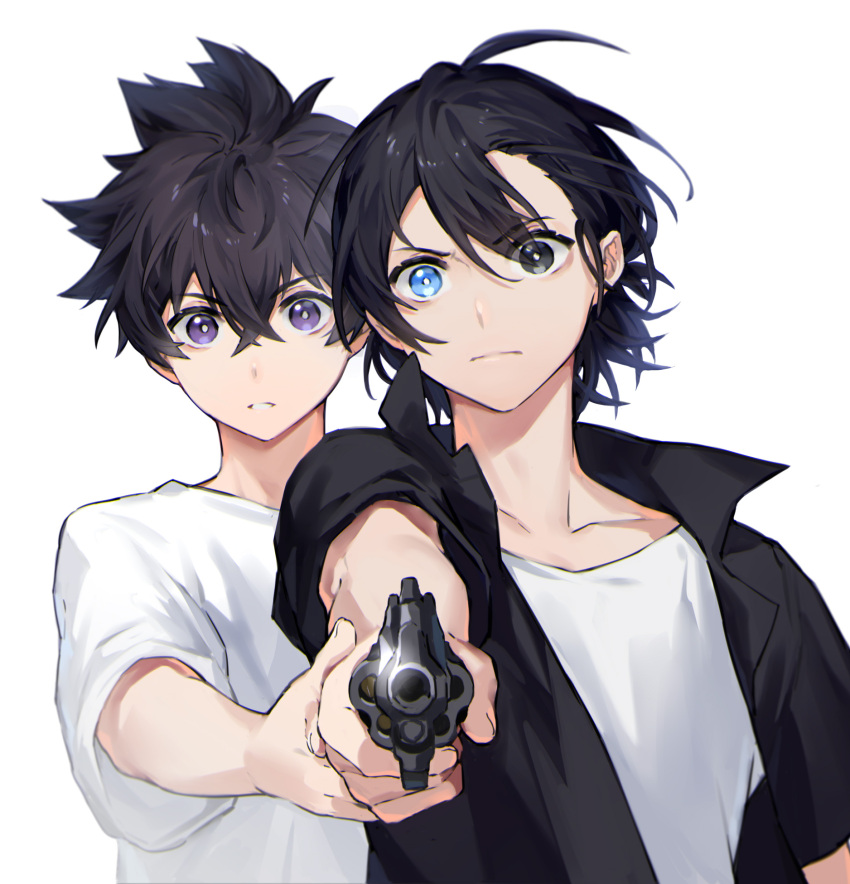 2boys, aiming_at_viewer, ajiro_shinpei, anchun_(quail0503), bangs, black_eyes, black_hair, black_shirt