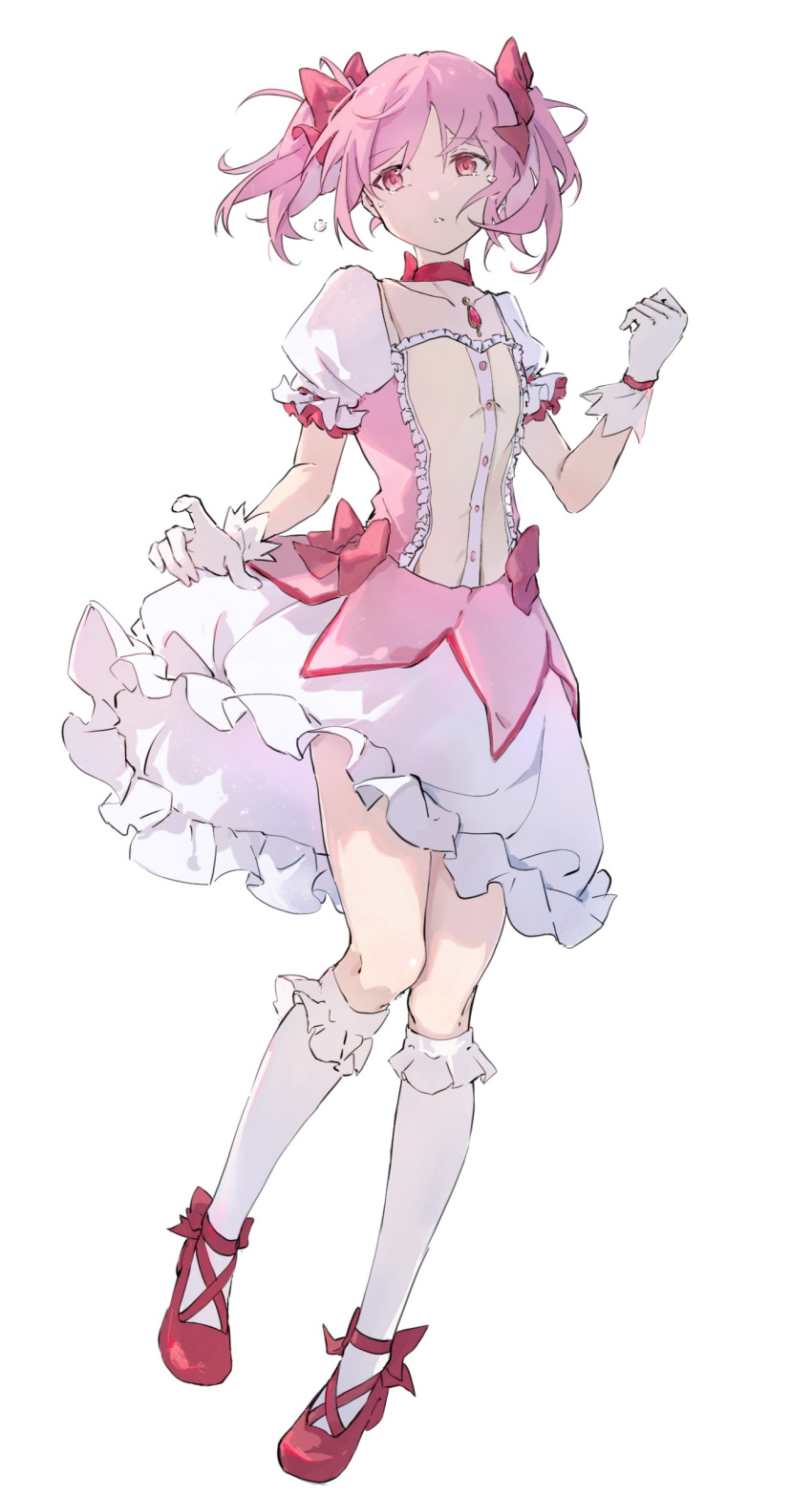 1girl, absurdres, bubble_skirt, full_body, gloves, highres, kafuuchino_(chouti), kaname_madoka, kneehighs, looking_at_viewer, magical_girl, mahou_shoujo_madoka_magica, pink_eyes, pink_hair, red_footwear, short_hair, short_sleeves, short_twintails, simple_background, skirt, socks, solo, tearing_up, twintails, white_background, white_gloves, white_socks
