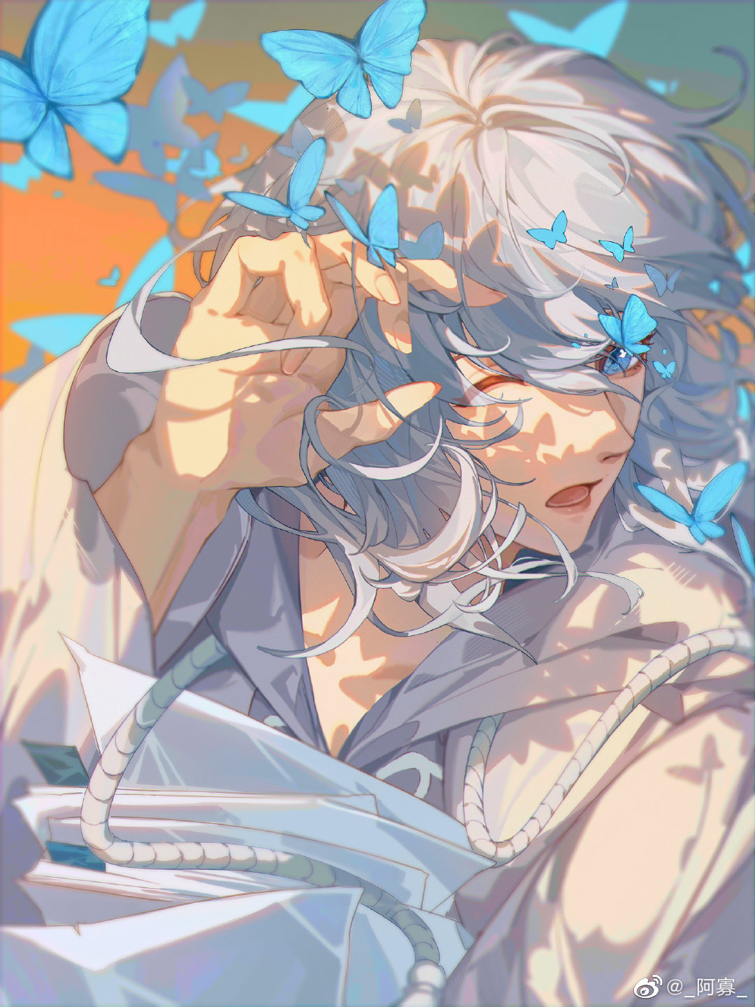 1boy, ;o, bangs, blue_butterfly, blue_eyes, blurry, bug, butterfly