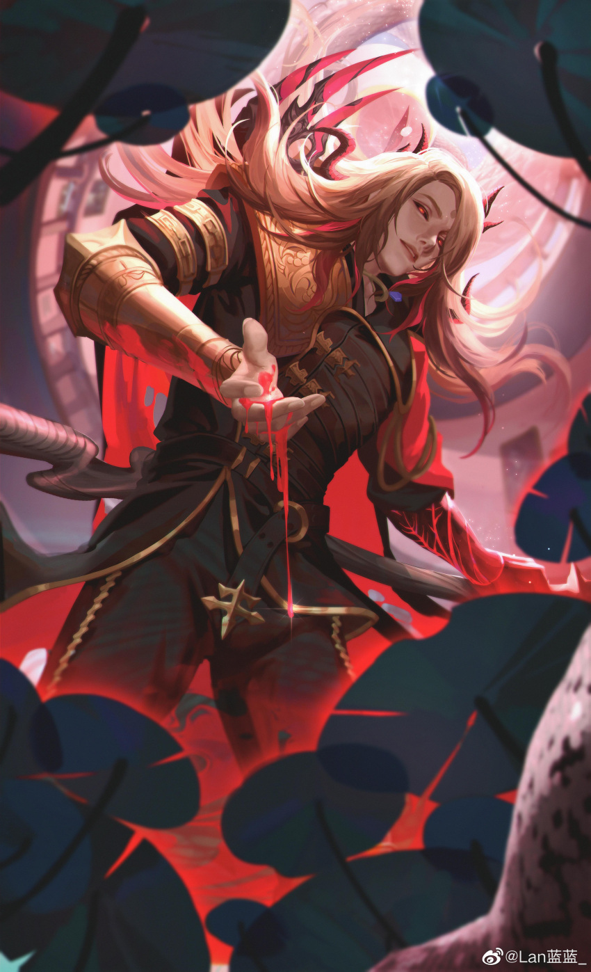 1boy, absurdres, armor, belt, black_pants, black_sclera, blonde_hair, cape