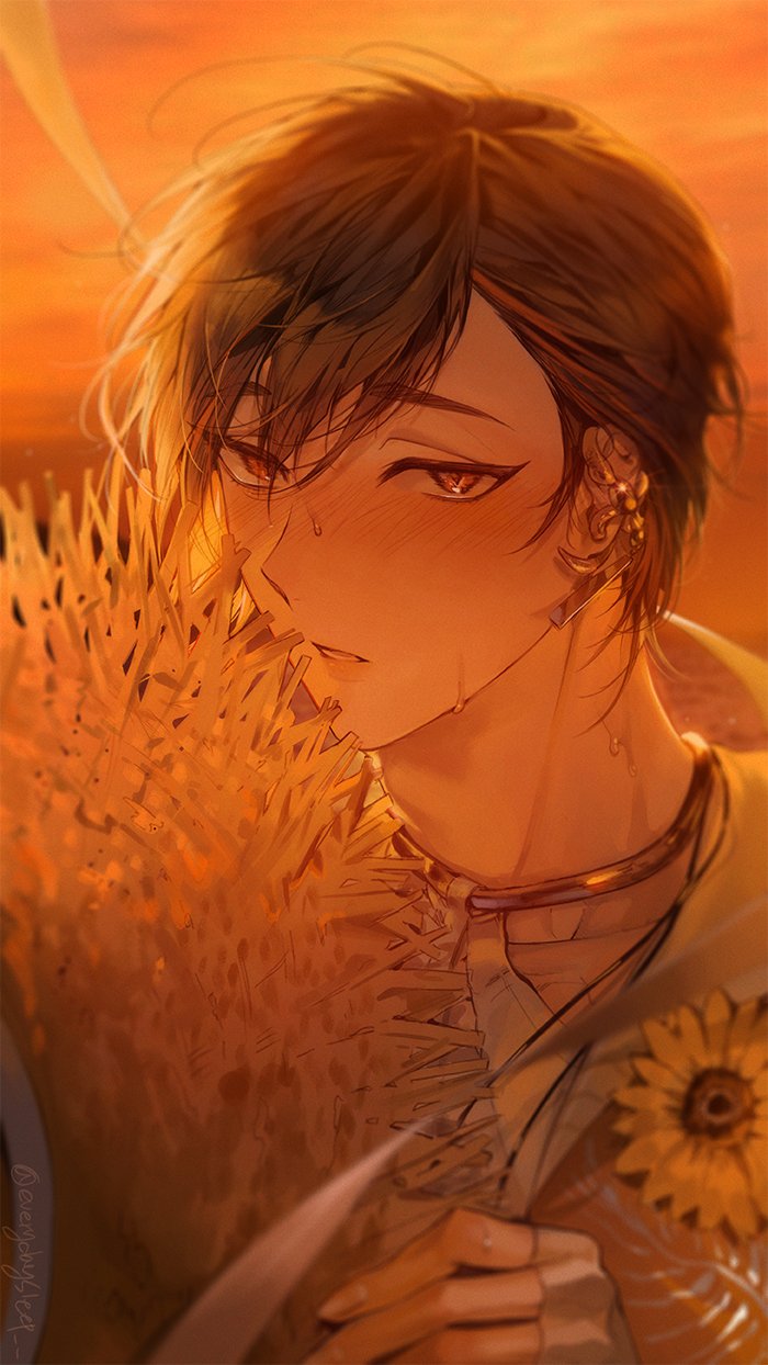 1boy, blush, brown_hair, ear_piercing, everydaysleep, fingerless_gloves, flower, gloves